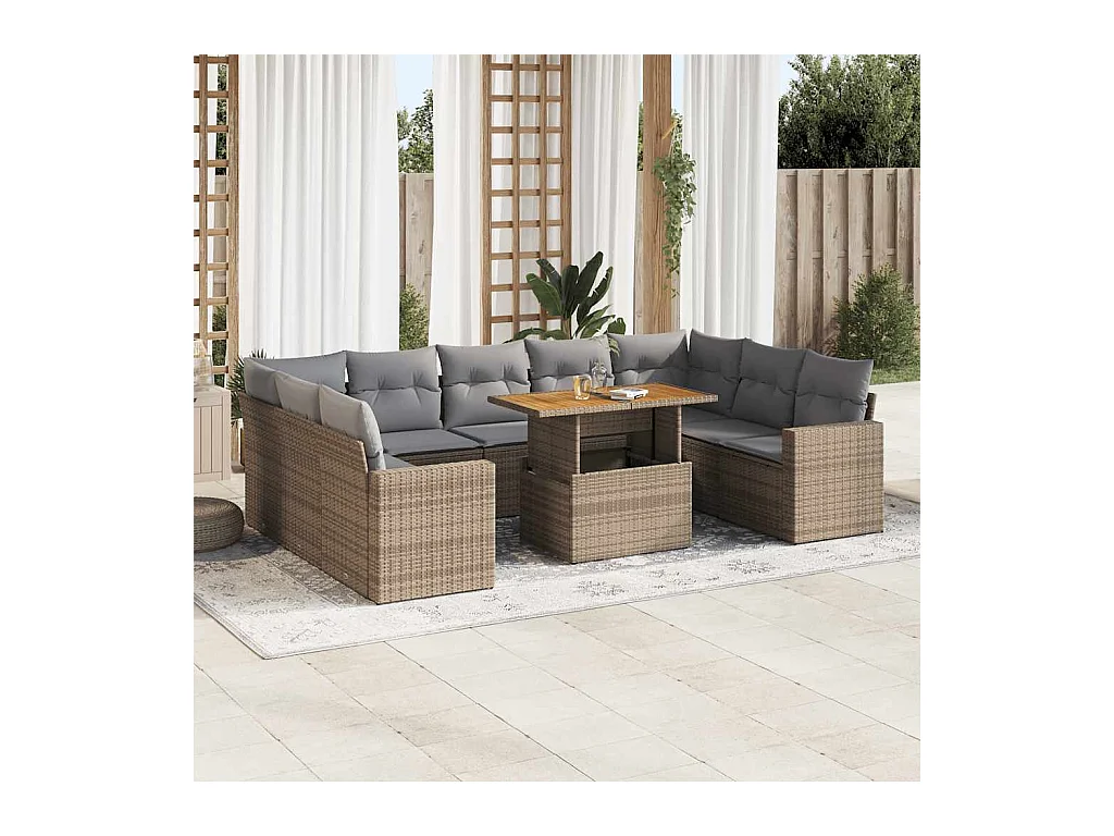 Salon de jardin avec coussins 10 pcs beige résine tressée