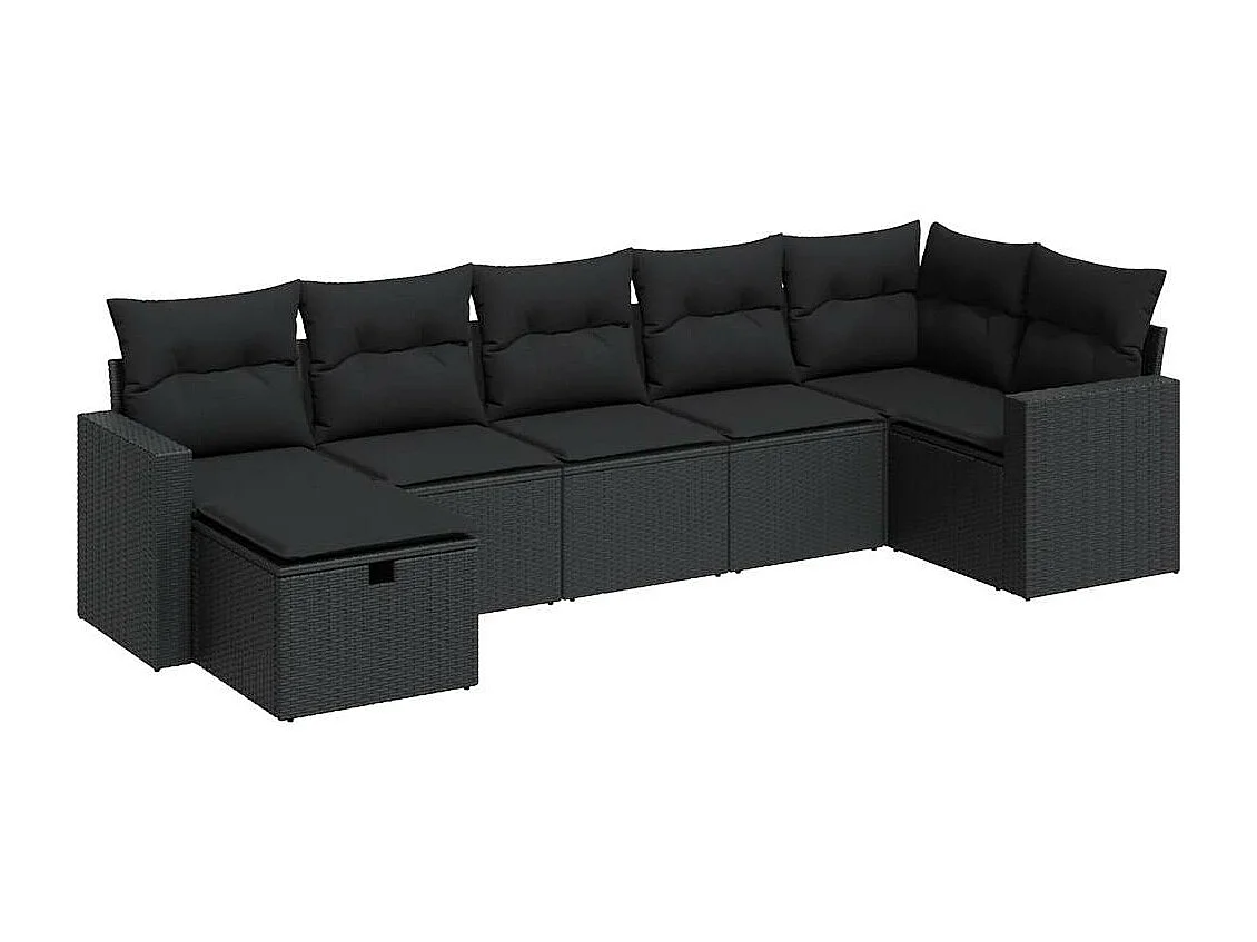 7-teiliges Gartenmöbelset mit schwarzen Kissen aus gewebtem Harz