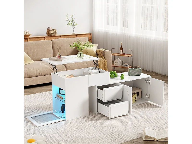 Couchtisch mit hingbarem Tablett, 2 Schubladen, Regal- und Glastüren, 16 LED -Farben, MDF und PB, Weiß