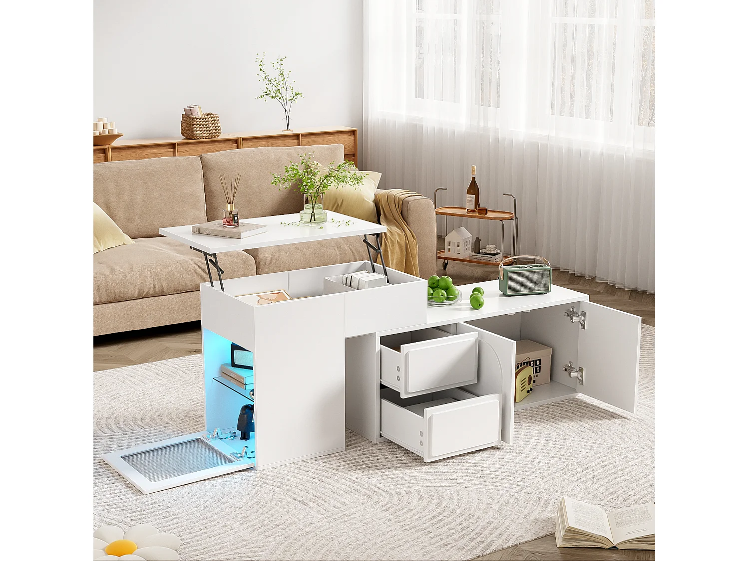 Couchtisch mit hingbarem Tablett, 2 Schubladen, Regal- und Glastüren, 16 LED -Farben, MDF und PB, Weiß