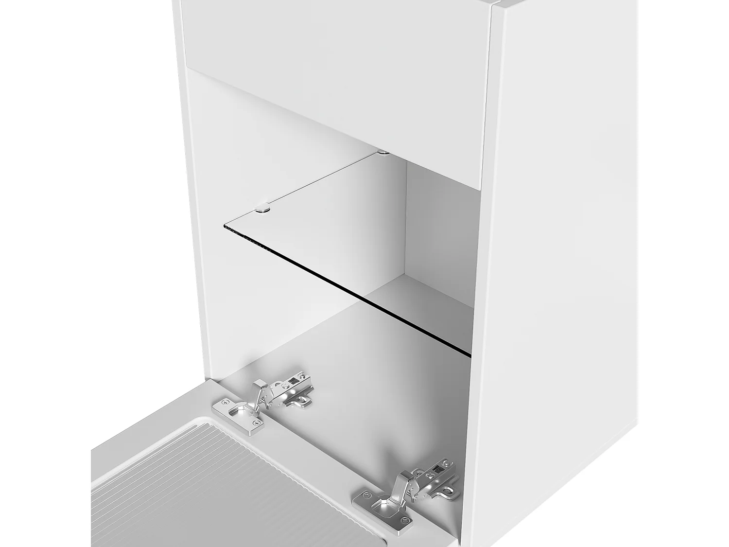 Couchtisch mit hingbarem Tablett, 2 Schubladen, Regal- und Glastüren, 16 LED -Farben, MDF und PB, Weiß