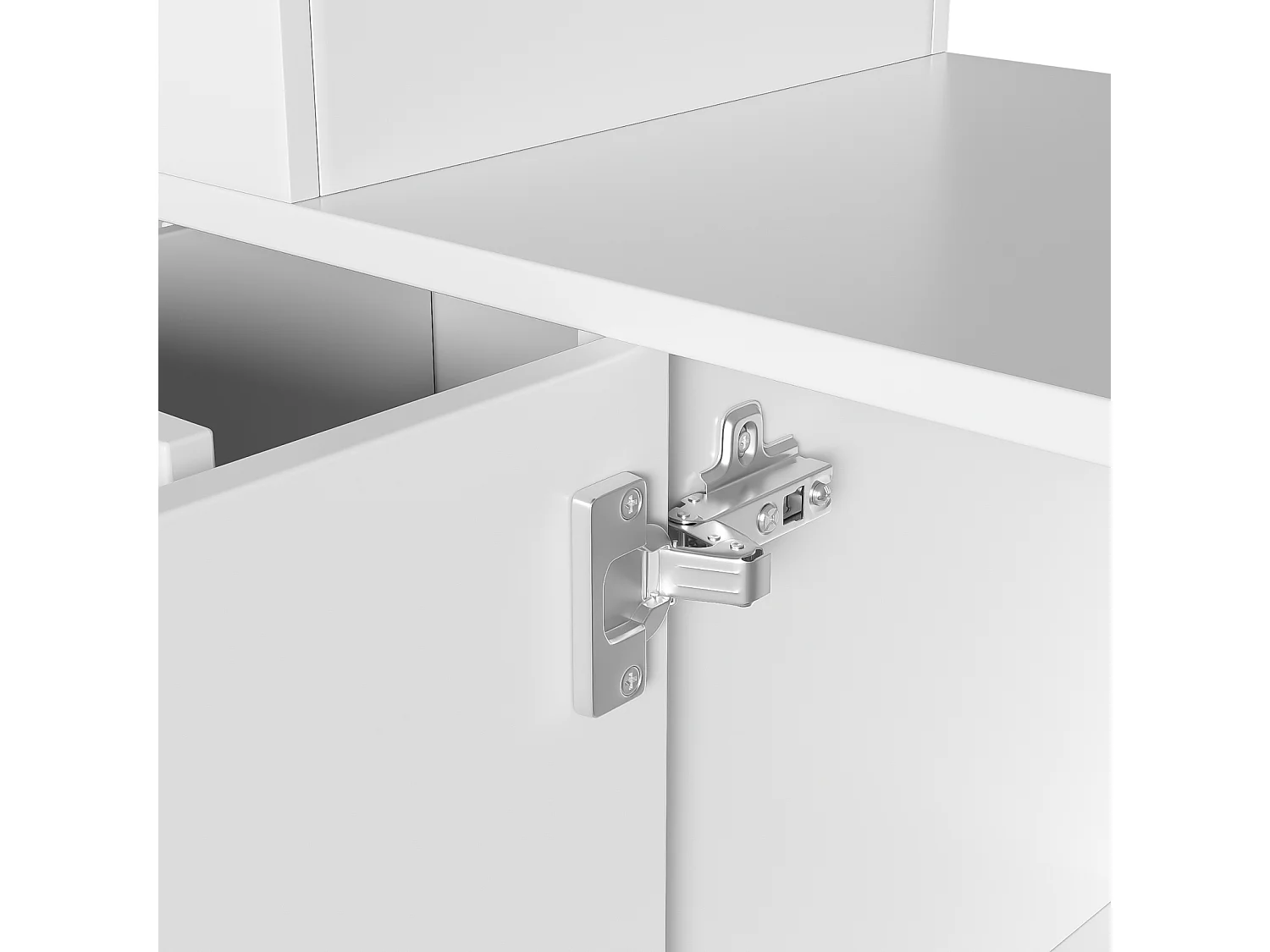 Couchtisch mit hingbarem Tablett, 2 Schubladen, Regal- und Glastüren, 16 LED -Farben, MDF und PB, Weiß