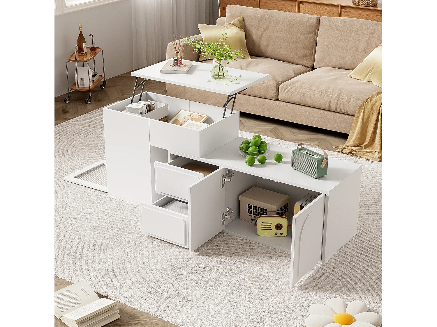 Couchtisch mit hingbarem Tablett, 2 Schubladen, Regal- und Glastüren, 16 LED -Farben, MDF und PB, Weiß