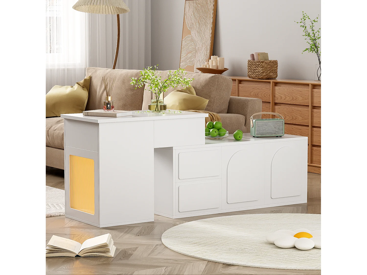 Couchtisch mit hingbarem Tablett, 2 Schubladen, Regal- und Glastüren, 16 LED -Farben, MDF und PB, Weiß