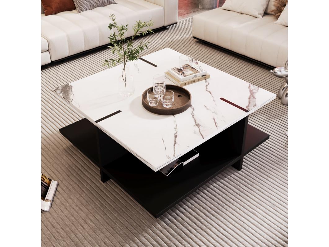 Table basse carrée, look en marbre en MDF, 72x72x31.5cm, Noir+Blanc