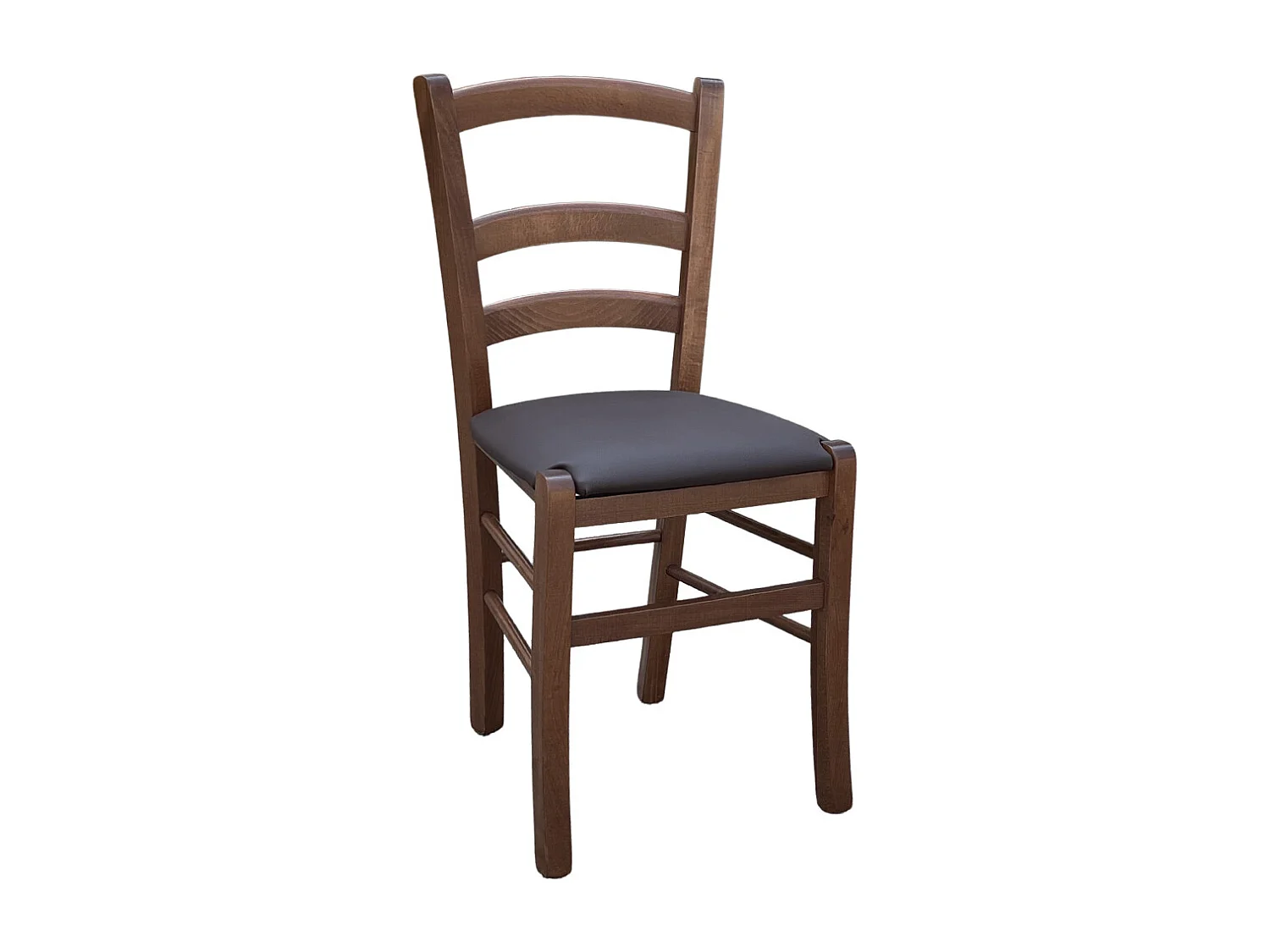 Chaise vénitienne en bois de noyer foncé avec assise rembourrée en similicuir marron