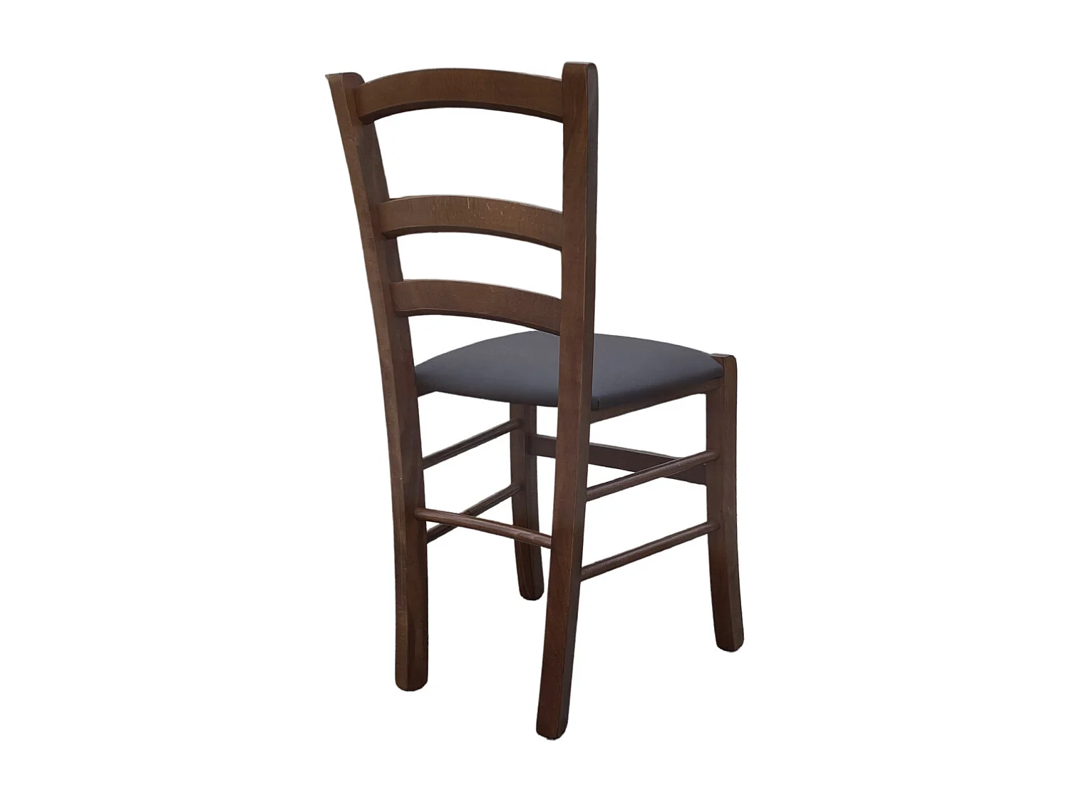 Chaise vénitienne en bois de noyer foncé avec assise rembourrée en similicuir marron