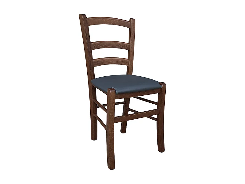 Chaise vénitienne en bois de noyer foncé avec assise rembourrée en similicuir gris anthracite