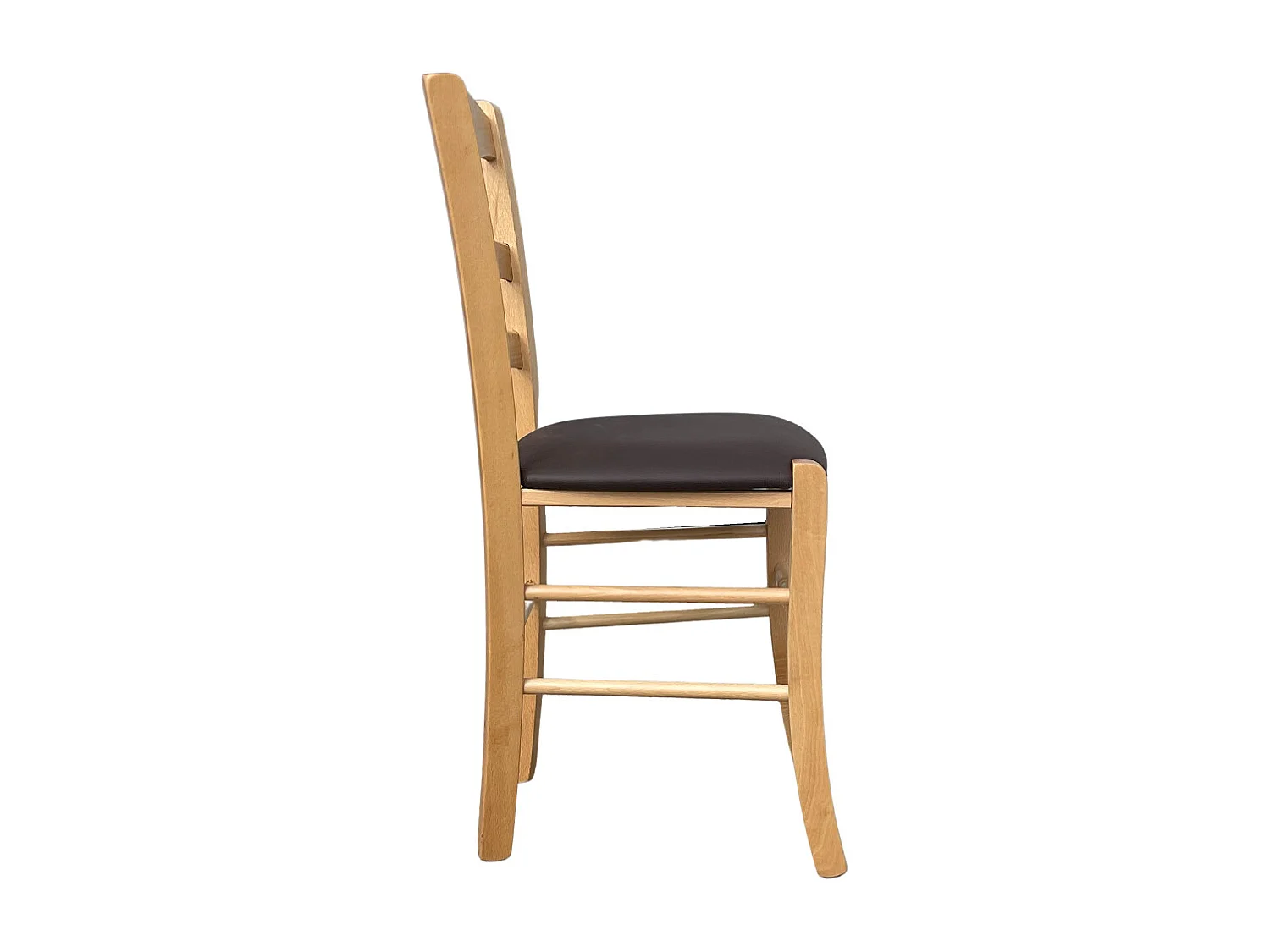 Silla loris de madera natural con asiento acolchado en polipiel marrón