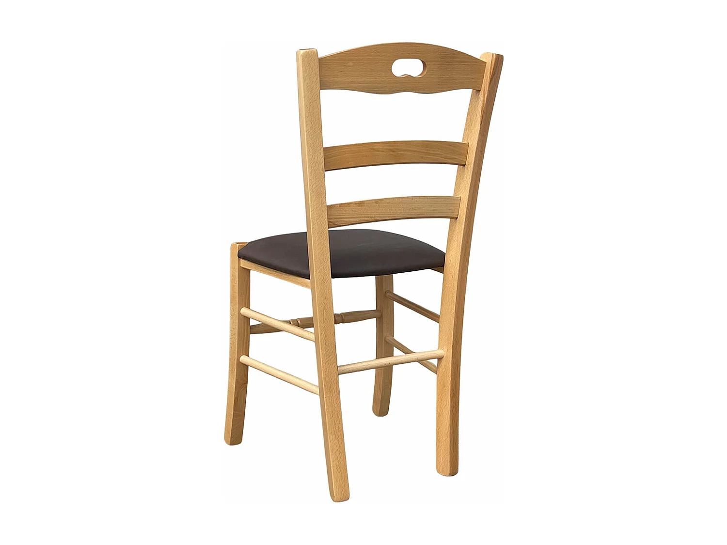 Silla loris de madera natural con asiento acolchado en polipiel marrón