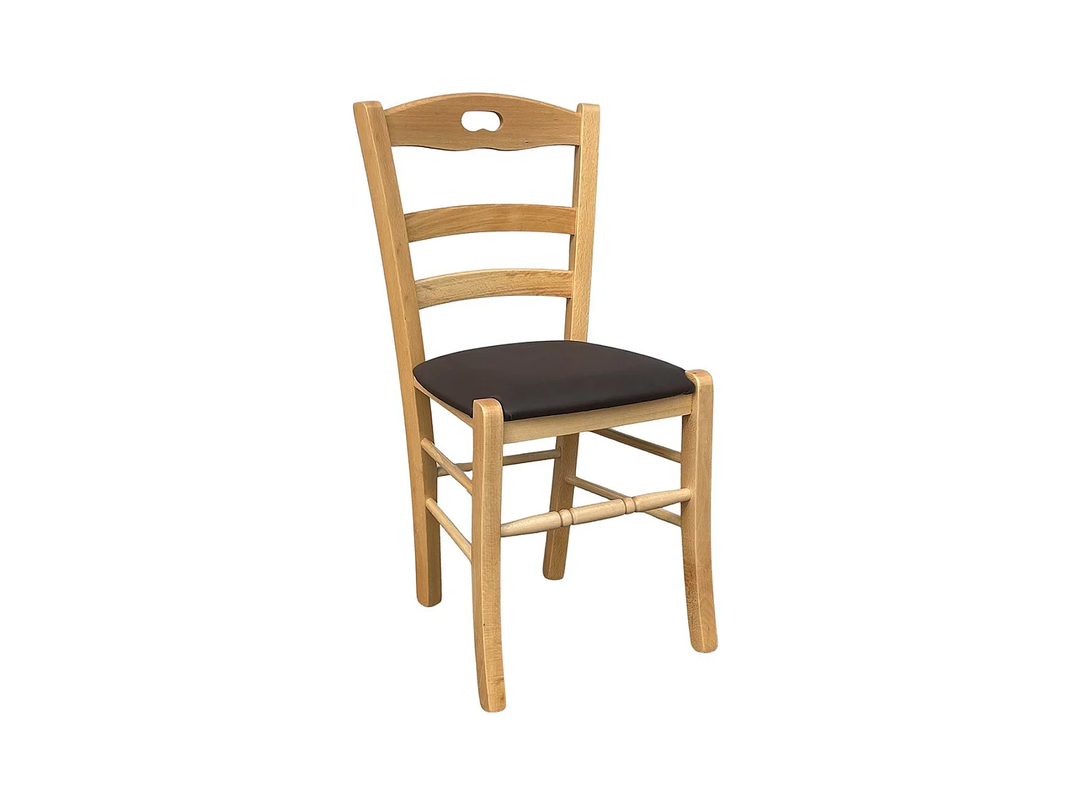 Chaise en bois naturel loris avec assise rembourrée en simili cuir marron