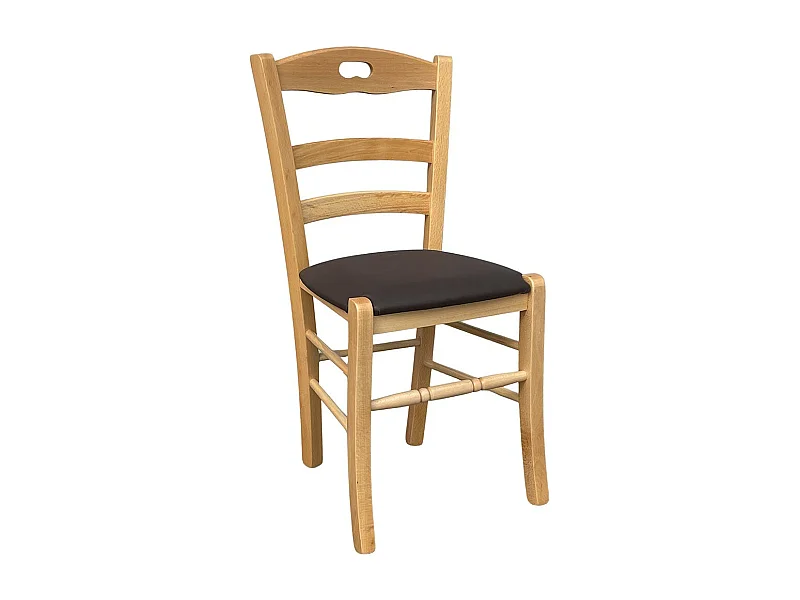 Chaise en bois naturel loris avec assise rembourrée en simili cuir marron
