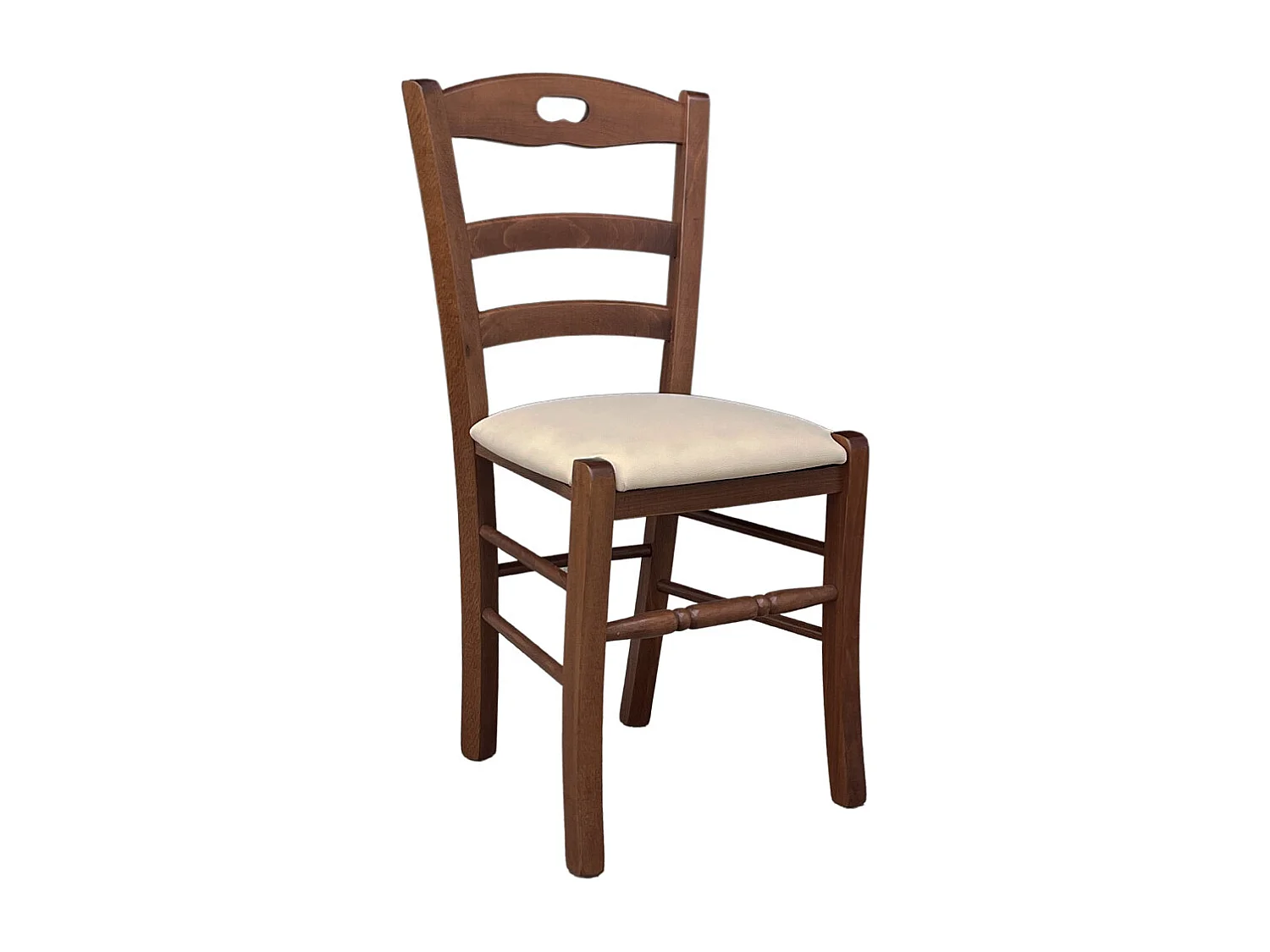 Silla Loris de madera de nogal oscuro con asiento tapizado en ecopiel beige