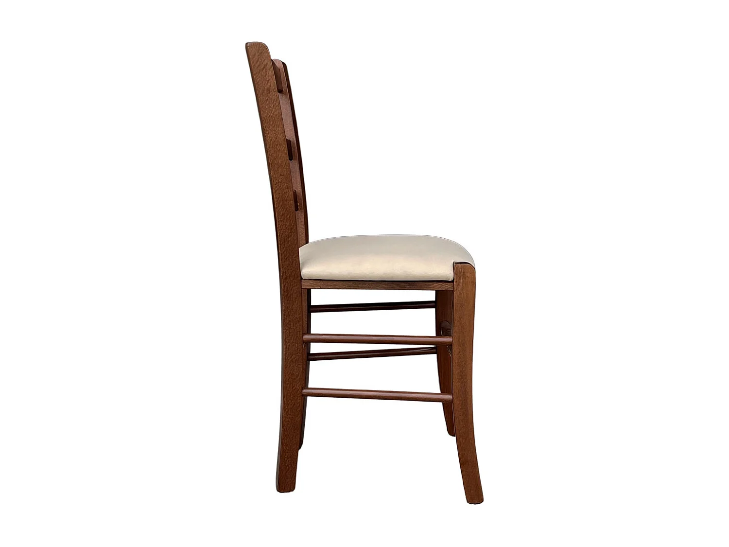 Silla Loris de madera de nogal oscuro con asiento tapizado en ecopiel beige