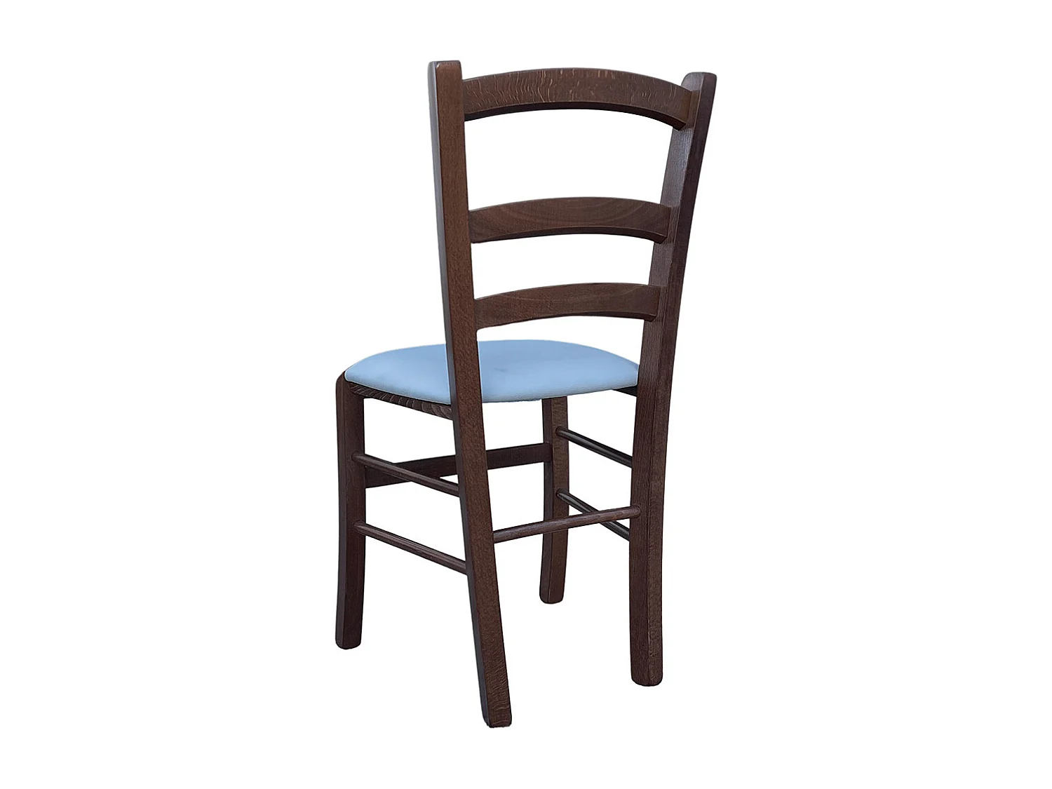 Silla Venice de madera de nogal oscuro con asiento de piel sintética color gris hielo