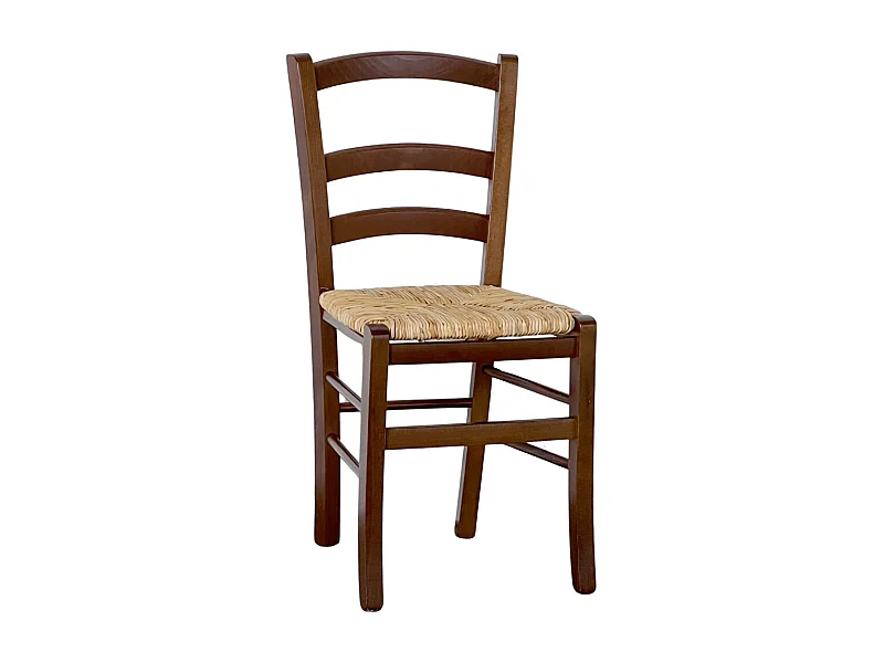 Silla Venecia de madera maciza con asiento de paja de arroz teñido de nogal oscuro