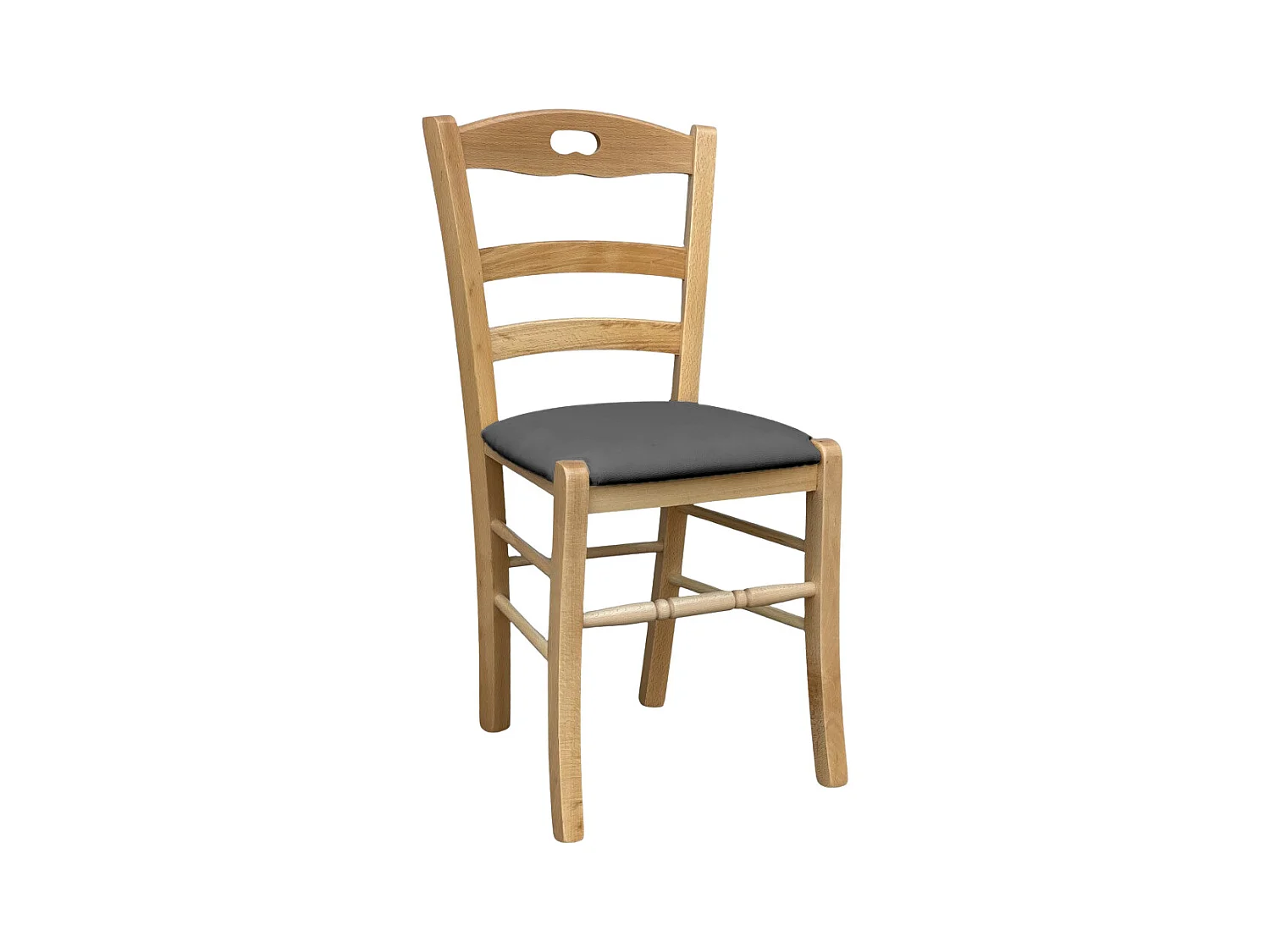 Chaise en bois Loris naturel avec assise rembourrée en éco-cuir anthracite