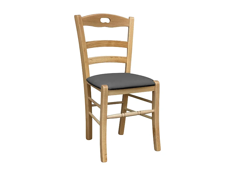 Chaise en bois Loris naturel avec assise rembourrée en éco-cuir anthracite