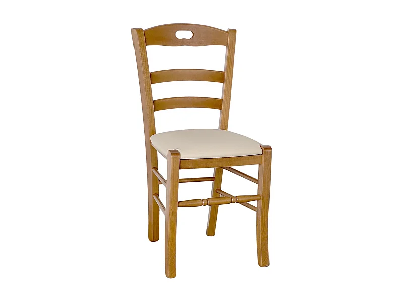 Chaise Loris en noyer clair avec assise en similicuir beige crème