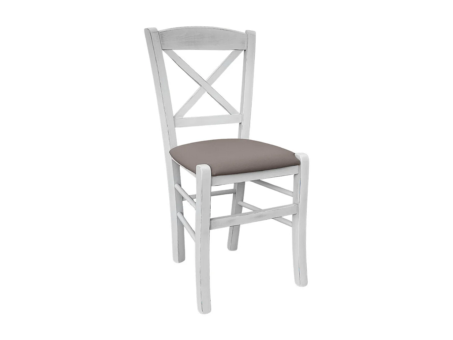 Chaise en bois de Venise croix blanche antique avec assise en simili cuir gris tourterelle