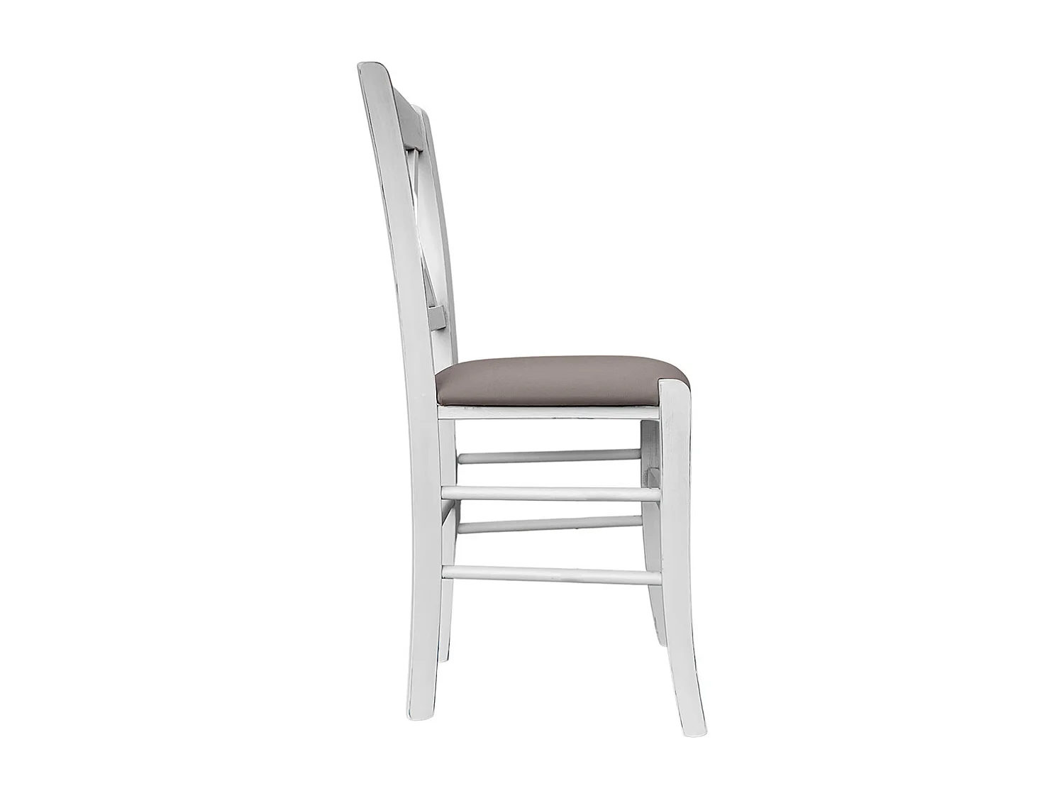 Chaise en bois de Venise croix blanche antique avec assise en simili cuir gris tourterelle