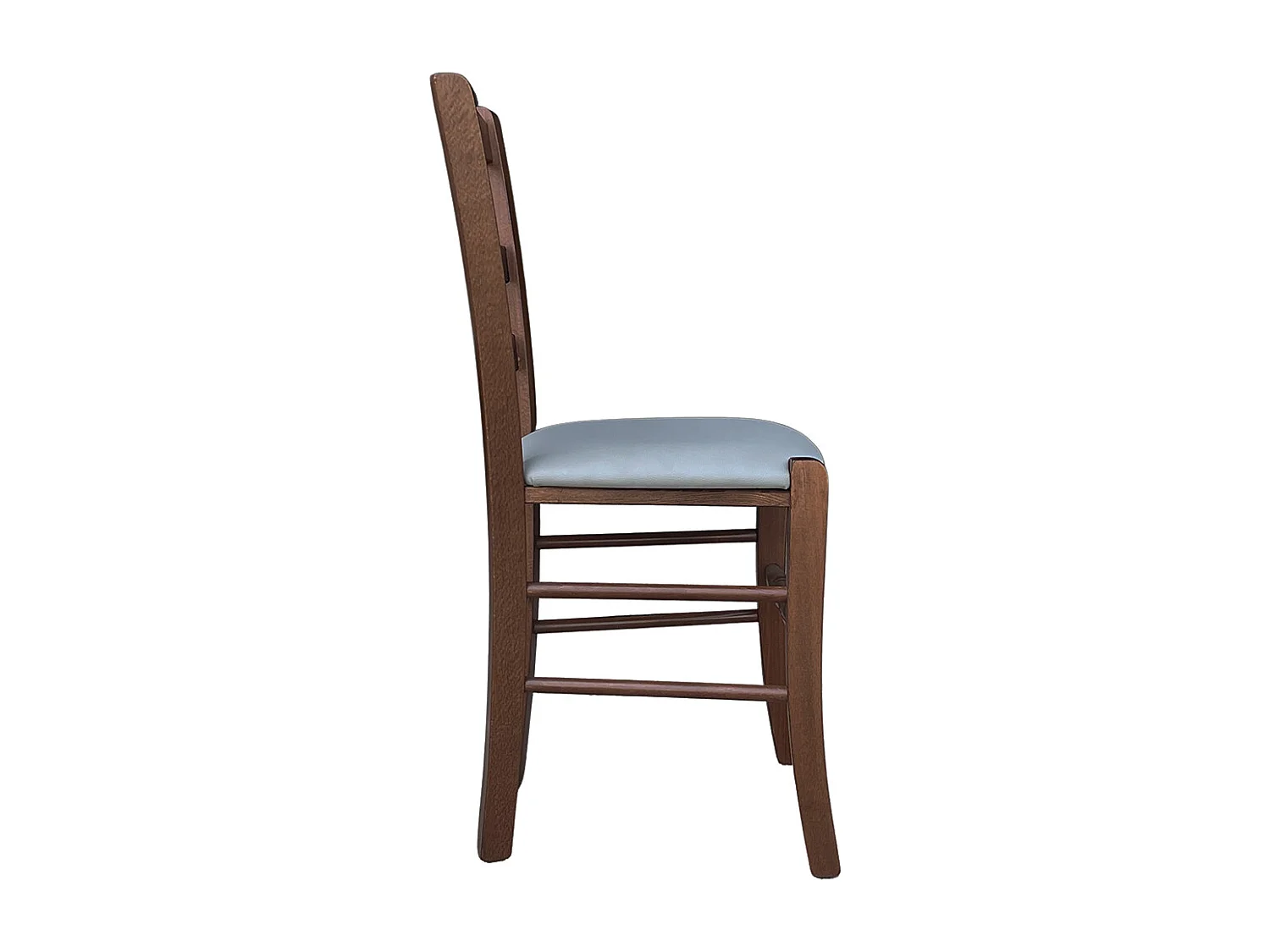 Silla Loris de madera de nogal oscuro con asiento acolchado en símil piel color gris hielo