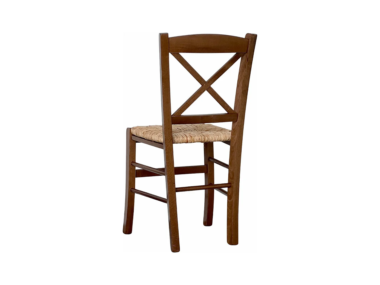 Silla rústica de madera en cruz de nogal oscuro con asiento de paja de arroz