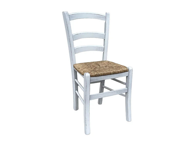 Chaise vénitienne ancienne en bois blanc avec assise en paille des marais