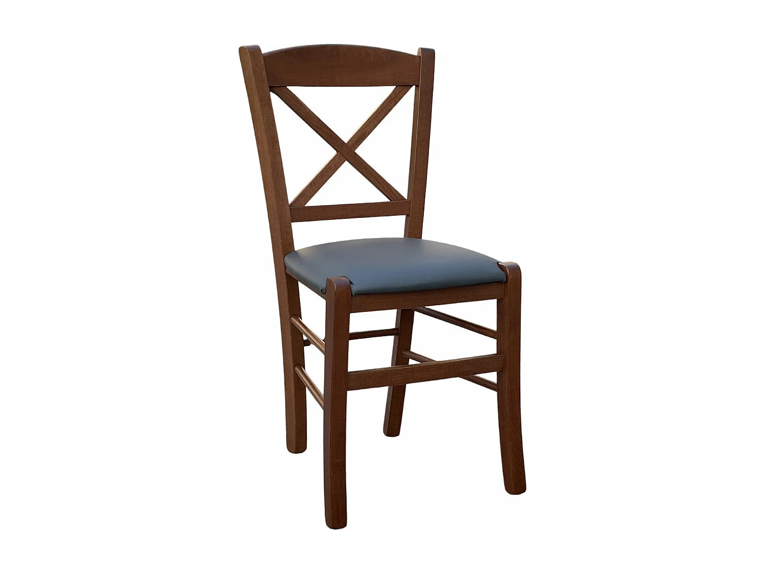 Chaise en bois de noyer foncé avec assise en simili cuir gris anthracite