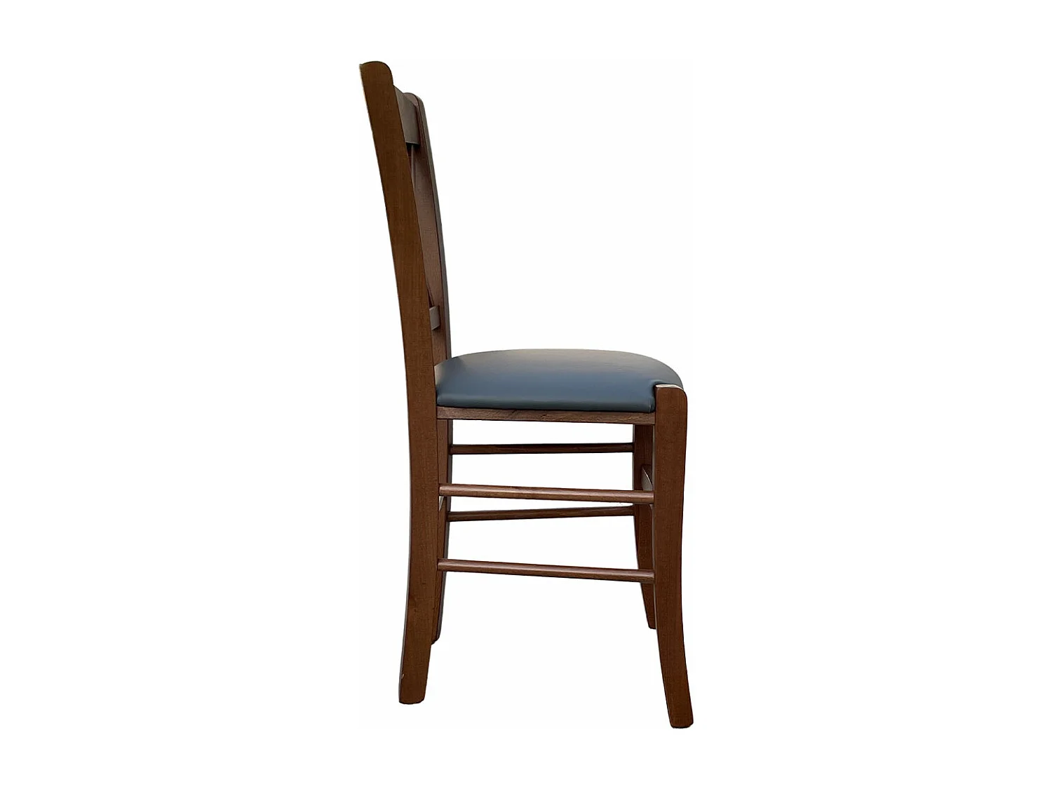 Chaise en bois de noyer foncé avec assise en simili cuir gris anthracite