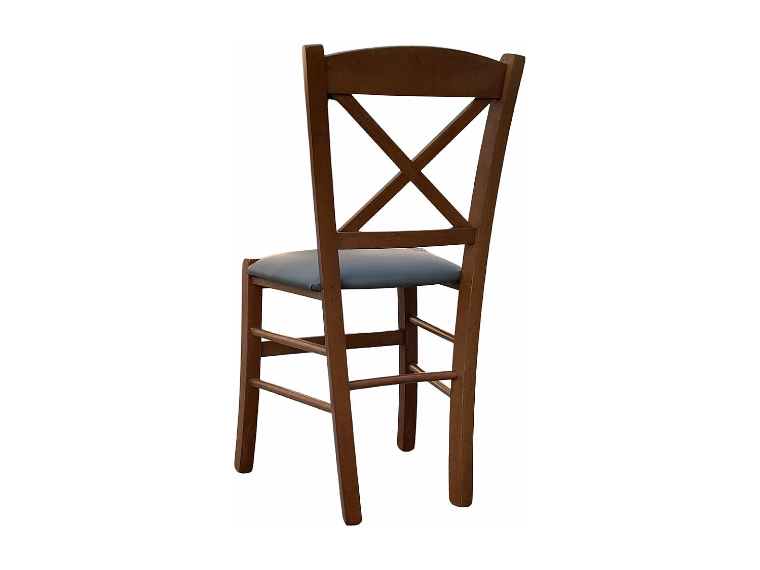 Chaise en bois de noyer foncé avec assise en simili cuir gris anthracite