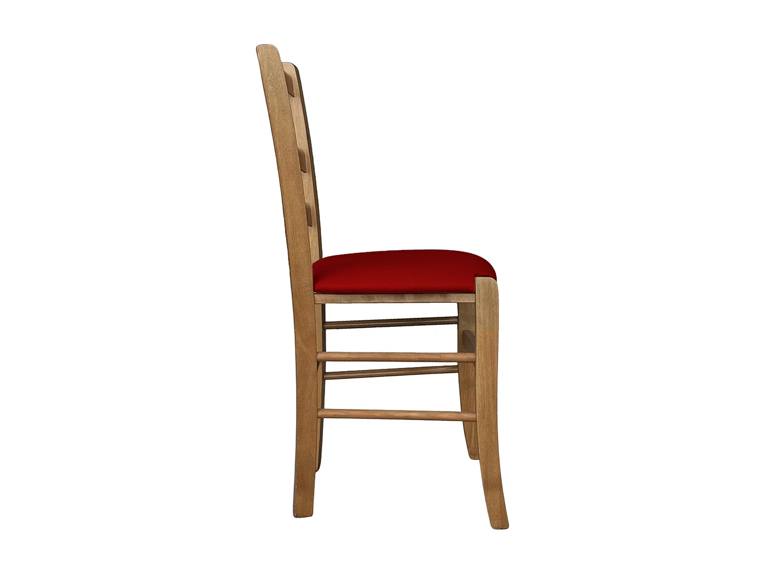 Chaise Venezia en bois de noyer clair avec assise rembourrée en similicuir rouge