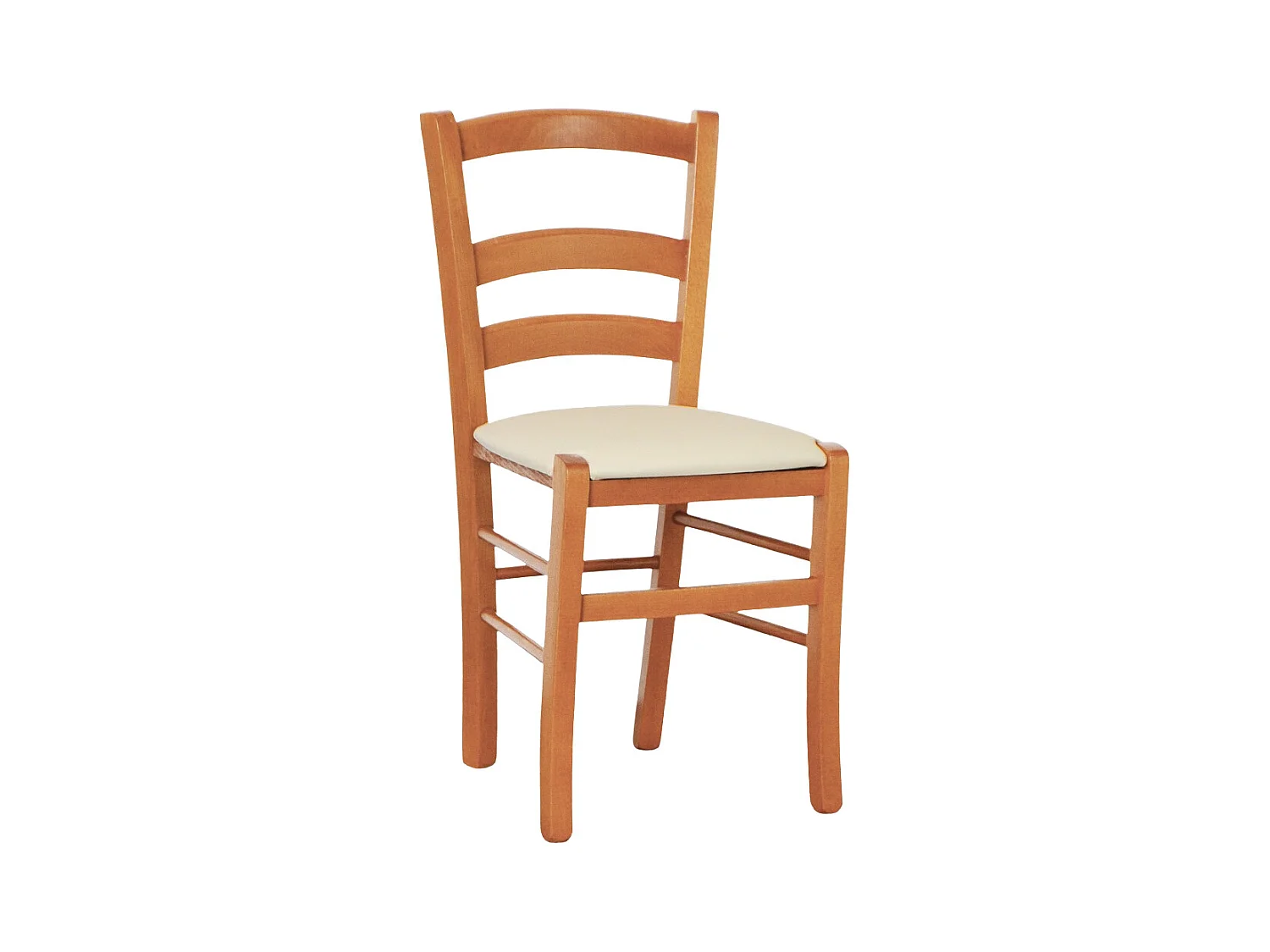 Chaise en bois de Venise couleur cerisier avec assise en similicuir rembourré beige