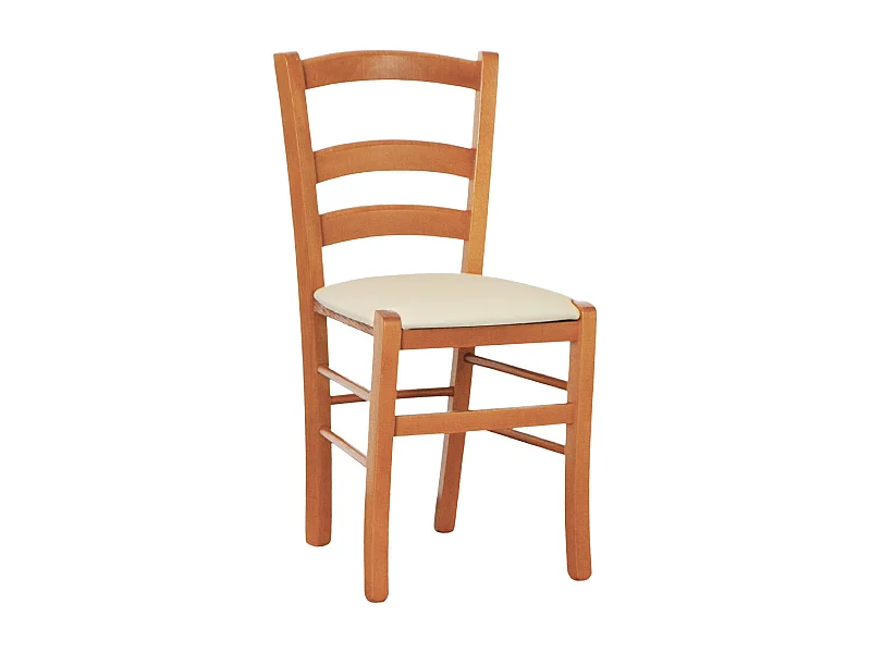 Chaise en bois de Venise couleur cerisier avec assise en similicuir rembourré beige