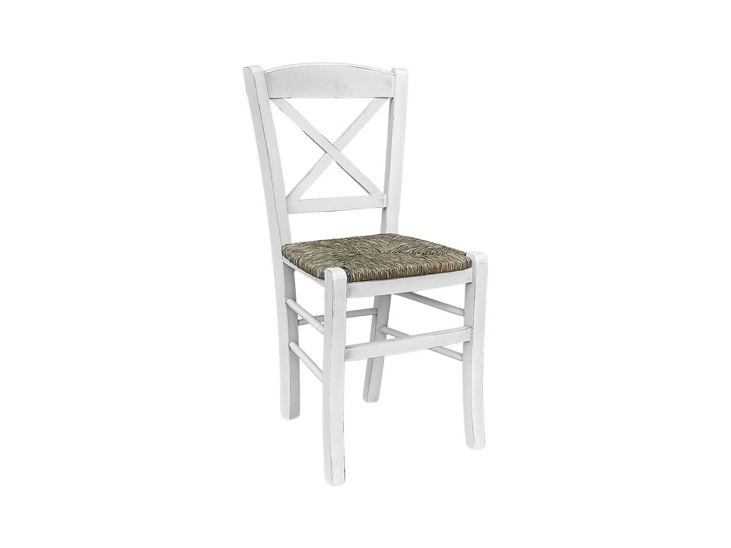 Chaise en bois de Venise antique croix blanche avec assise en paille