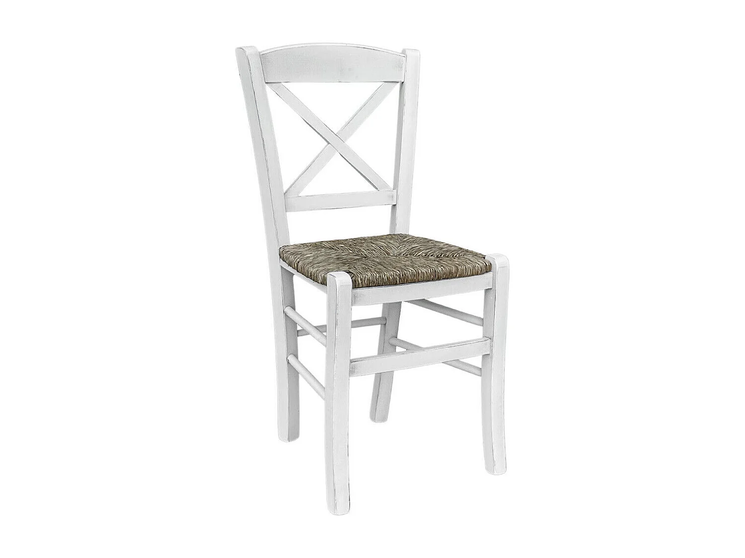 Chaise en bois de Venise antique croix blanche avec assise en paille