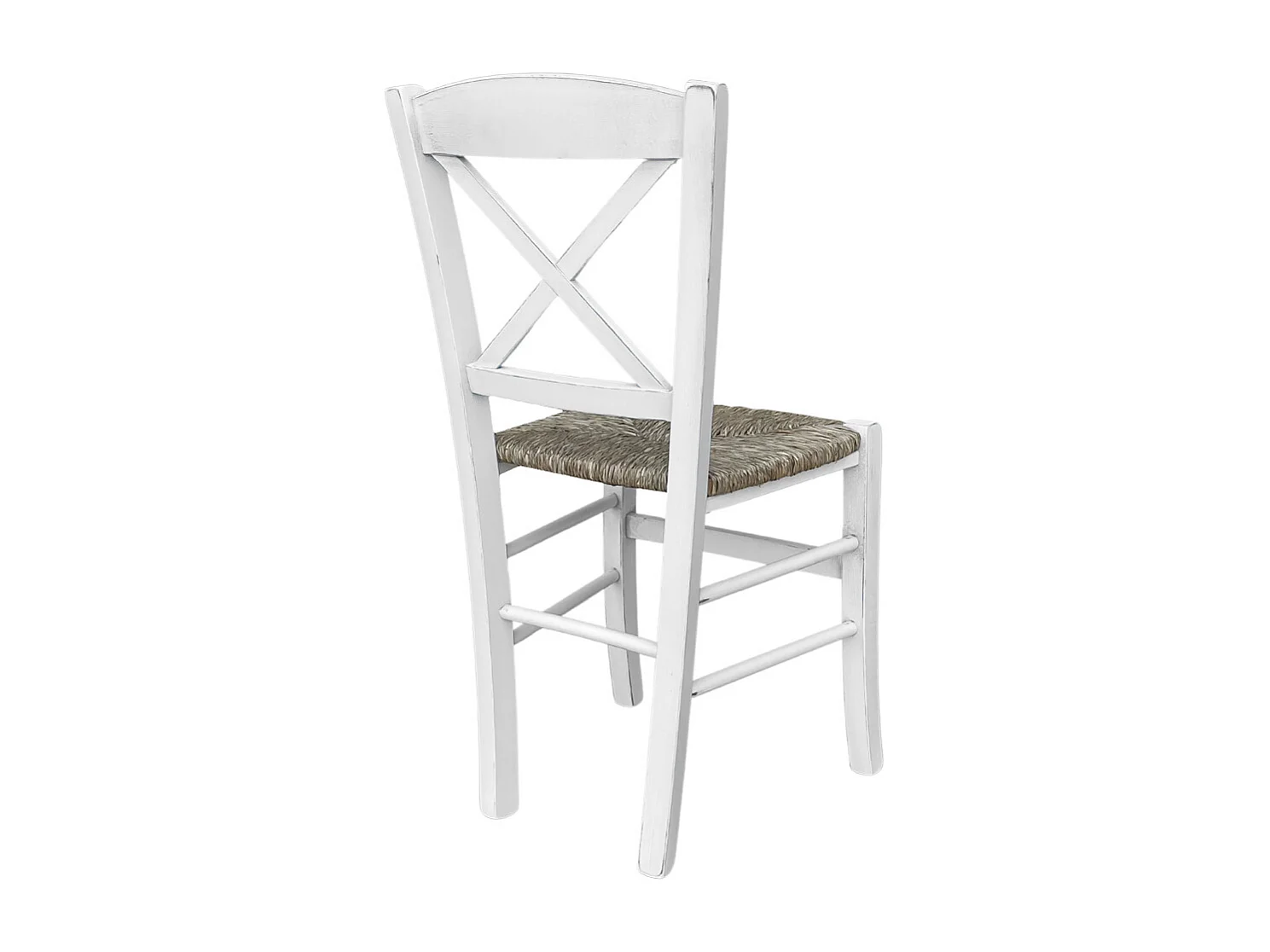 Chaise en bois de Venise antique croix blanche avec assise en paille
