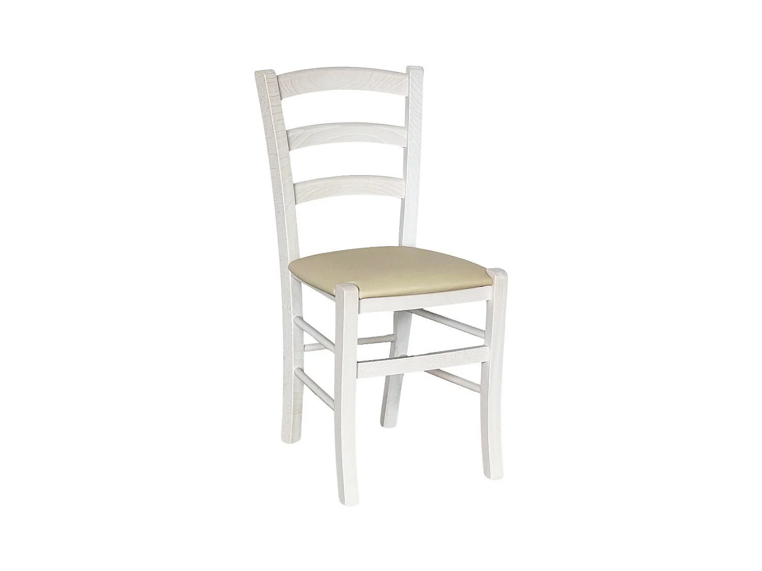 Chaise de campagne en bois de Venise blanche avec assise en simili cuir beige