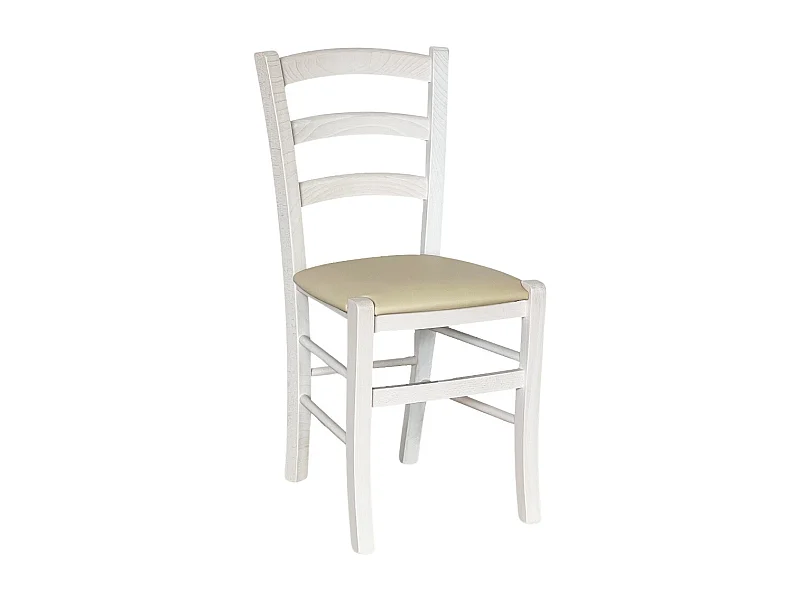 Chaise de campagne en bois de Venise blanche avec assise en simili cuir beige