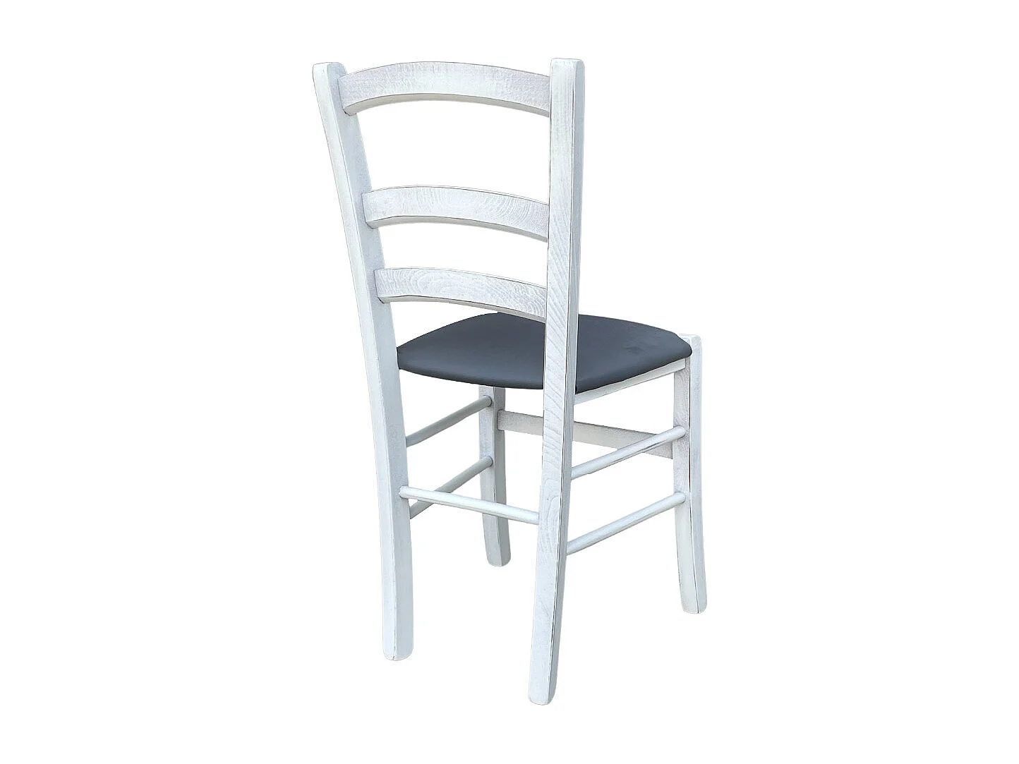 Chaise vénitienne ancienne en bois blanc avec assise rembourrée couleur anthracite