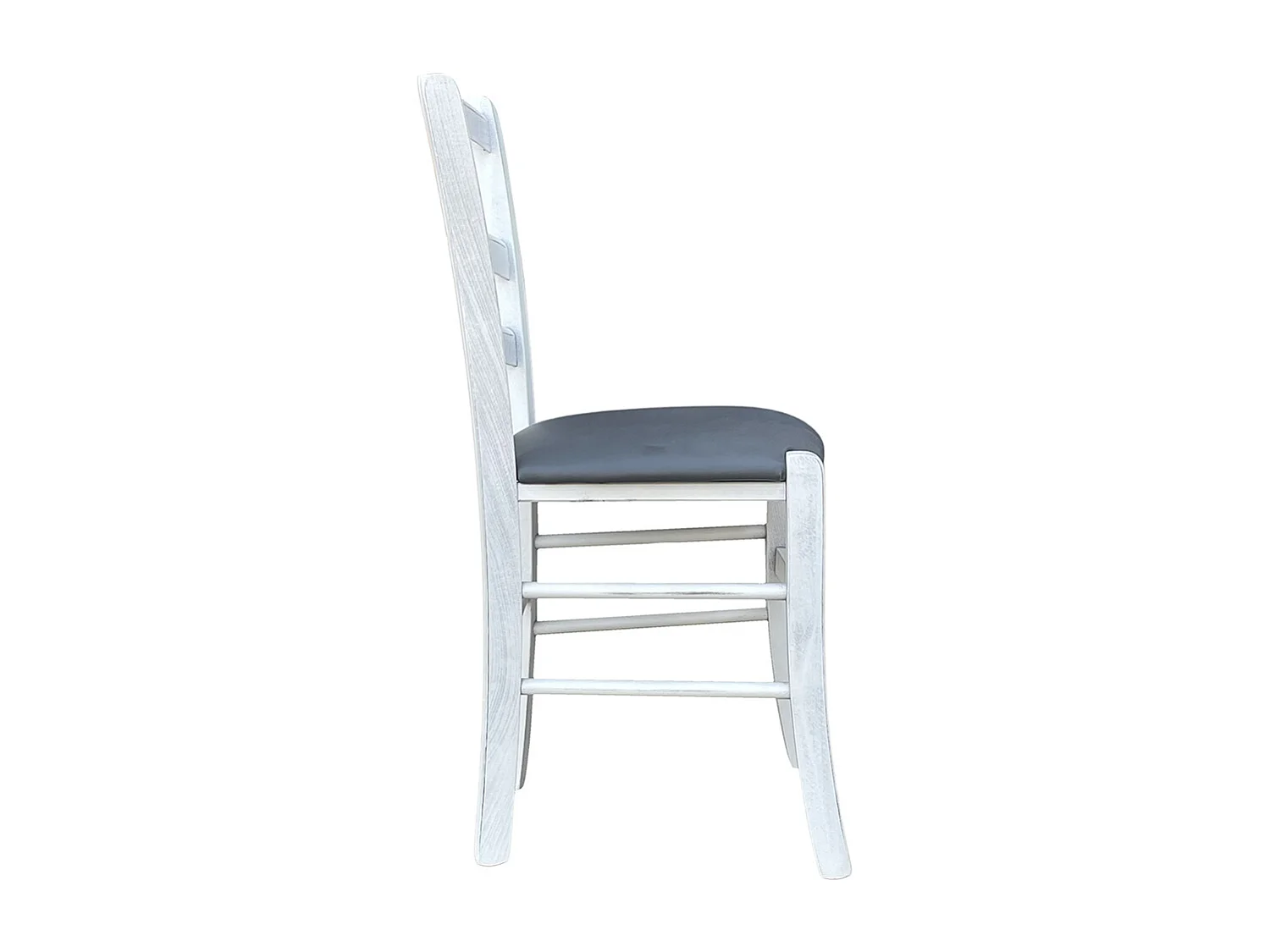 Chaise vénitienne ancienne en bois blanc avec assise rembourrée couleur anthracite