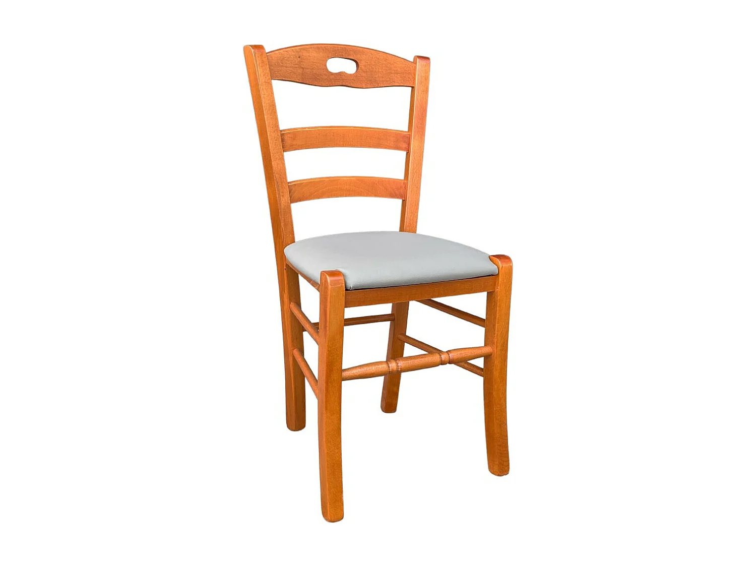 Chaise en bois de cerisier Loris avec assise en simili cuir gris tourterelle