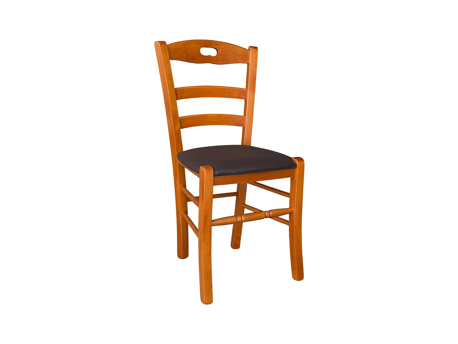 Chaise en bois de cerisier Loris avec assise en simili cuir marron