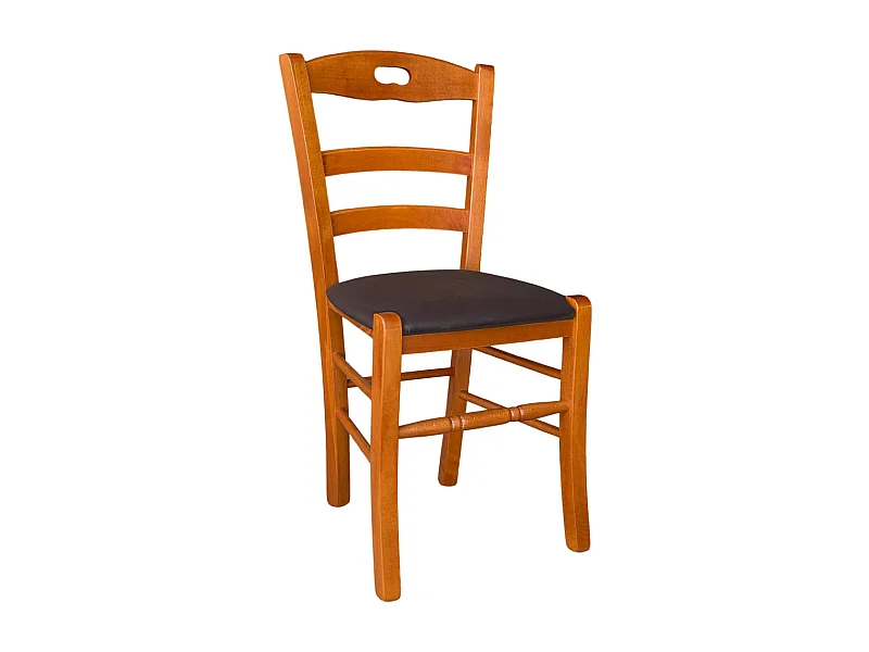 Chaise en bois de cerisier Loris avec assise en simili cuir marron