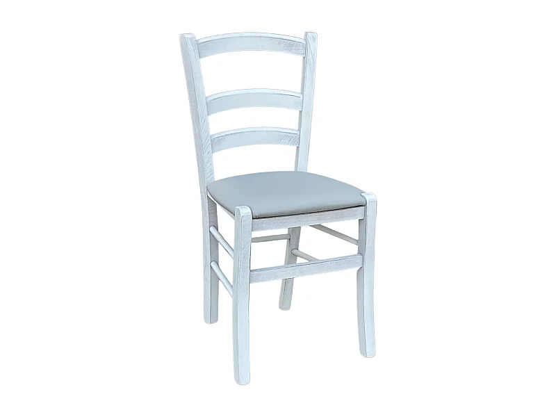 Silla veneciana antigua de madera blanca con asiento de piel sintética color hielo