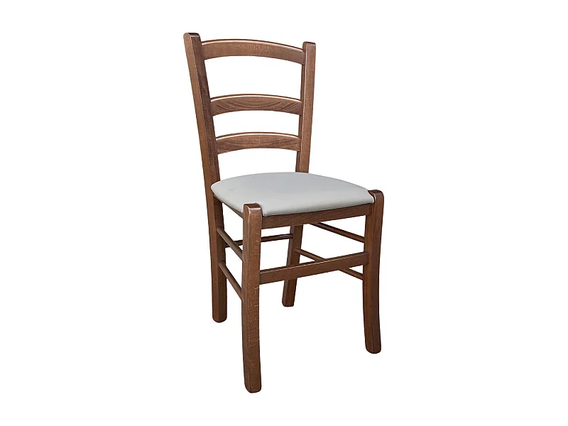 Silla veneciana de madera de nogal oscuro con asiento acolchado de piel sintética color gris tórtola