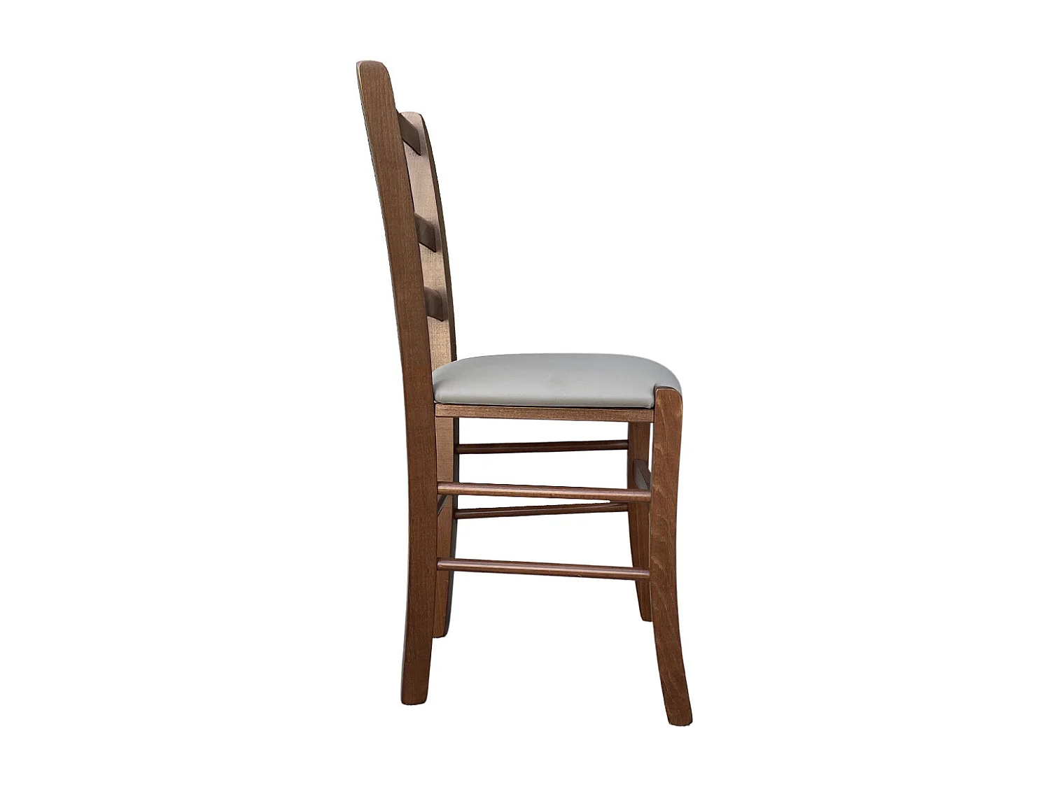 Chaise vénitienne en bois de noyer foncé avec assise rembourrée en similicuir gris tourterelle