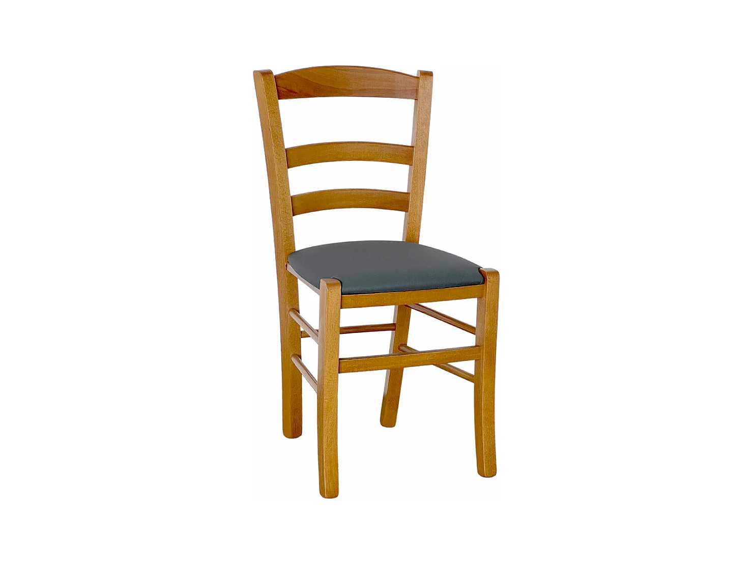 Chaise de campagne en bois de noyer clair avec assise en simili cuir anthracite