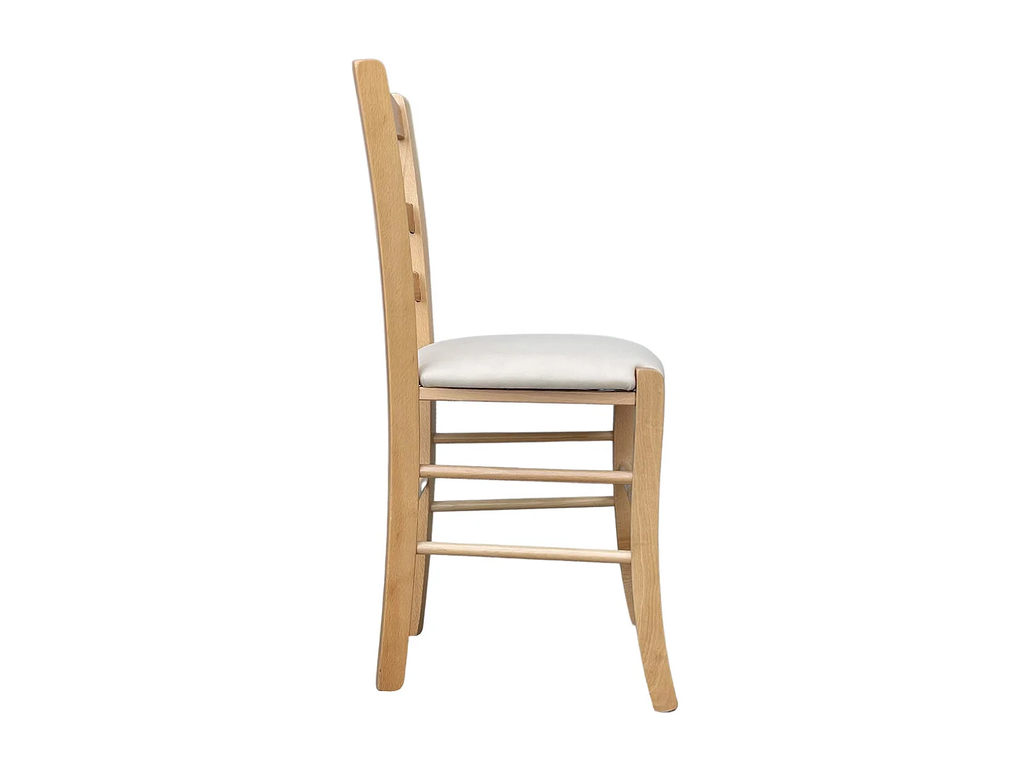 Silla Loris de madera natural con asiento tapizado en símil piel color beige