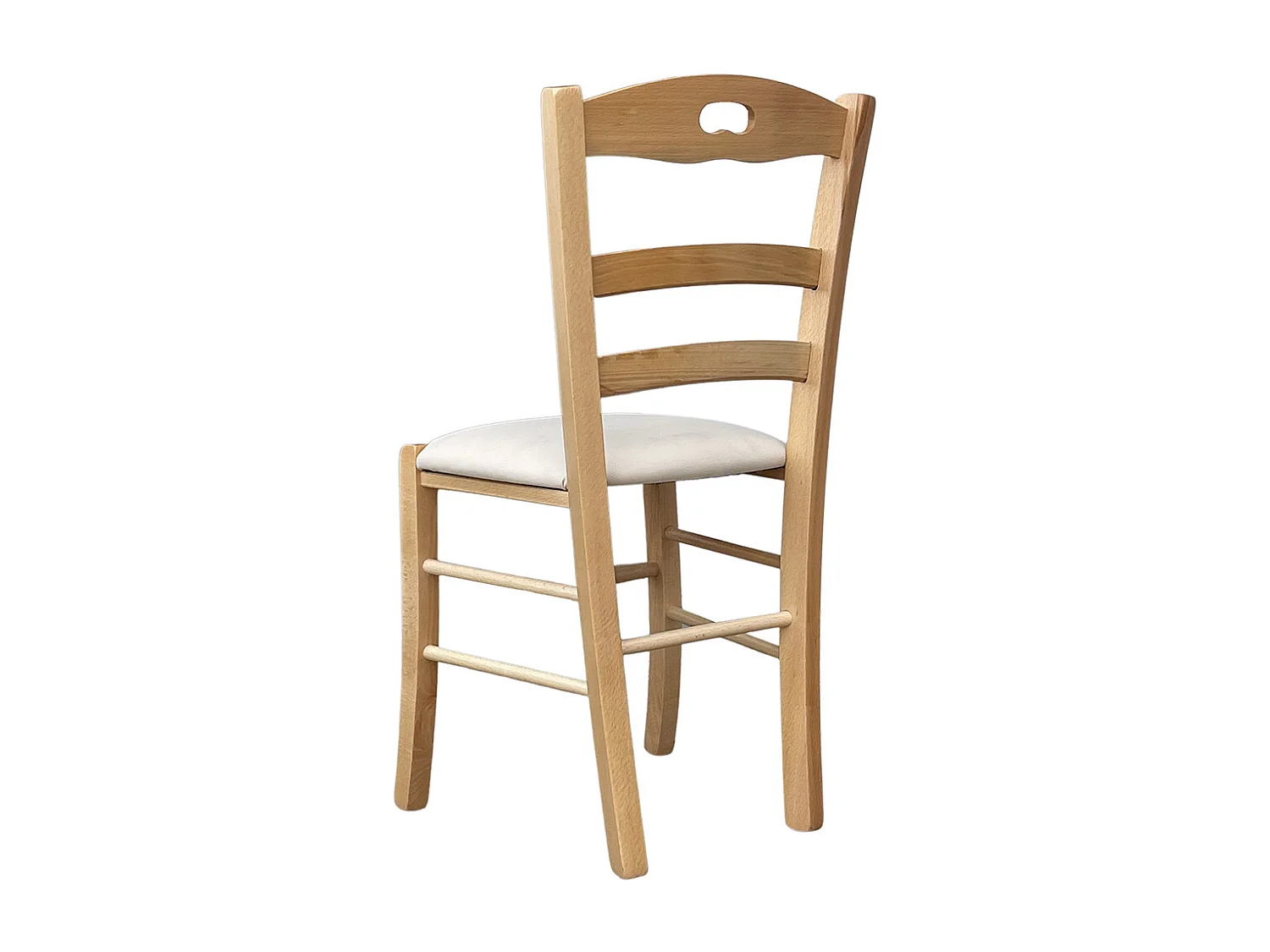 Silla Loris de madera natural con asiento tapizado en símil piel color beige